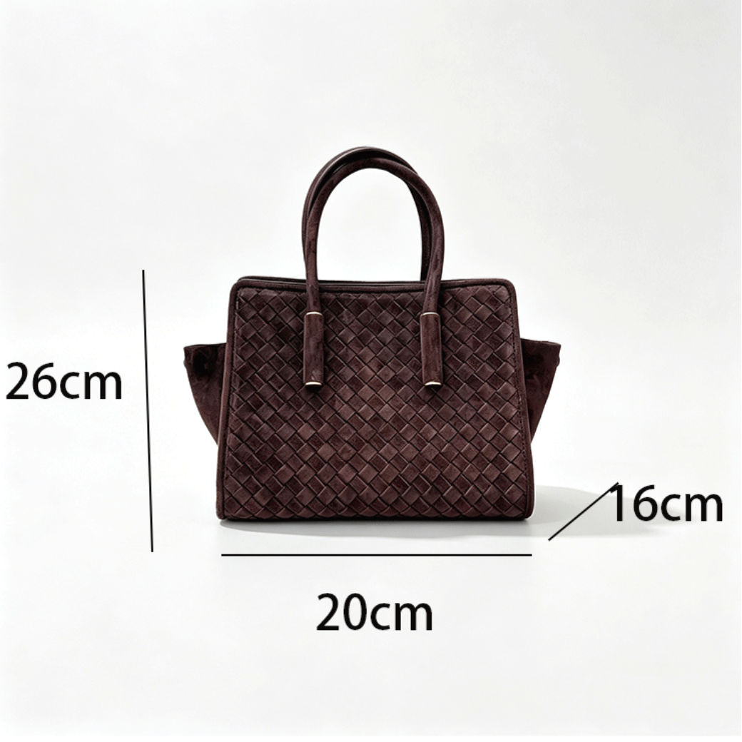A dark brown woven leather handbag shown on a light gray background with overlaid dimensions: 26 cm height, 20 cm width, and 16 cm depth.