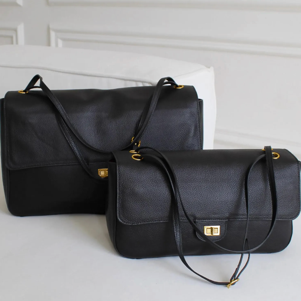 Side profile of the genuine leather Turn-Lock Crossbody by Venebag